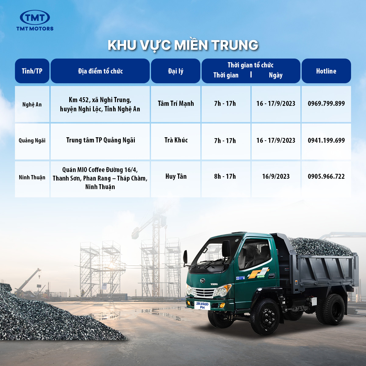 Lịch sự kiện lái thử xe tải TMT Motors trong tháng 9/2023 tại miền Trung