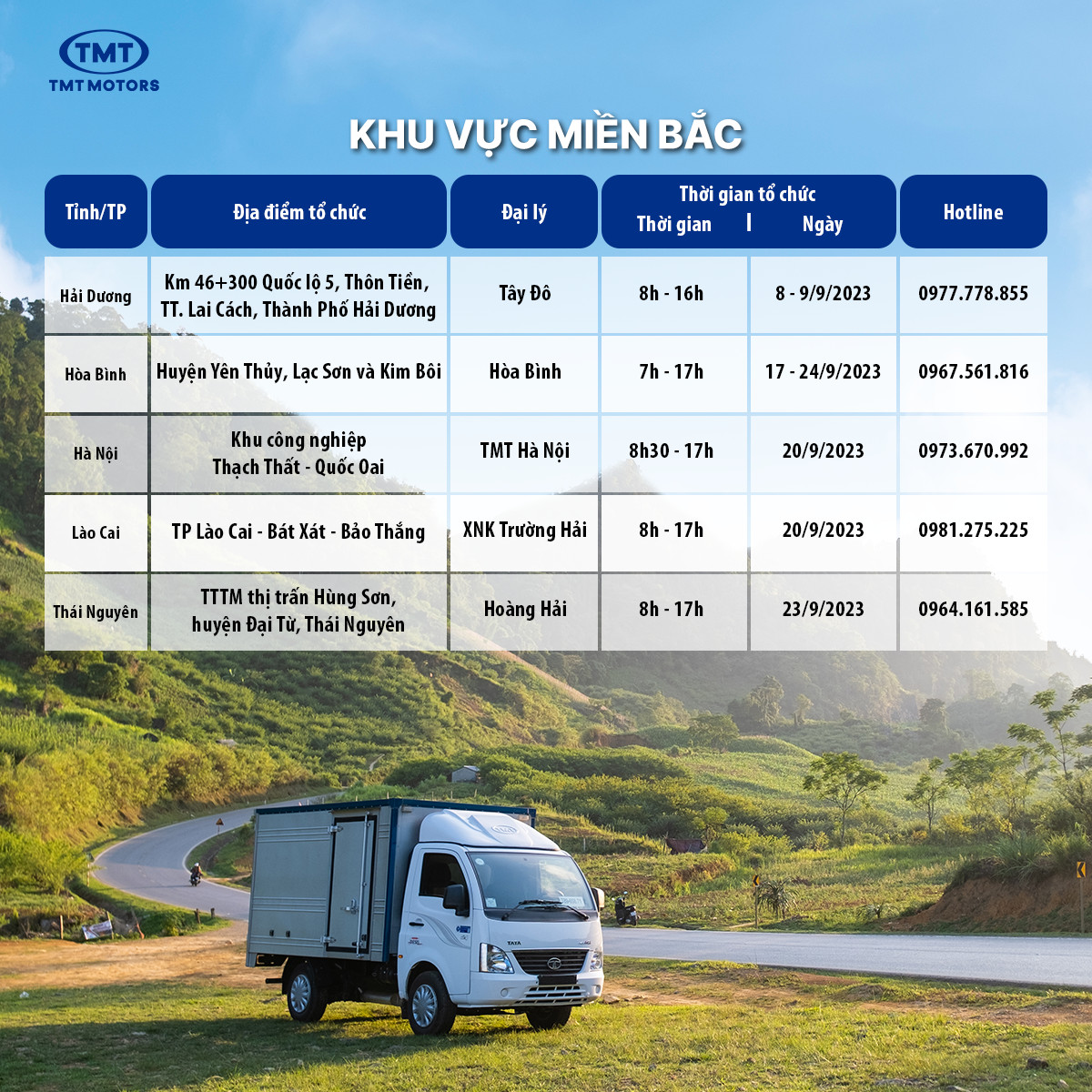 Lịch sự kiện lái thử xe tải TMT Motors trong tháng 9/2023 tại miền Bắc